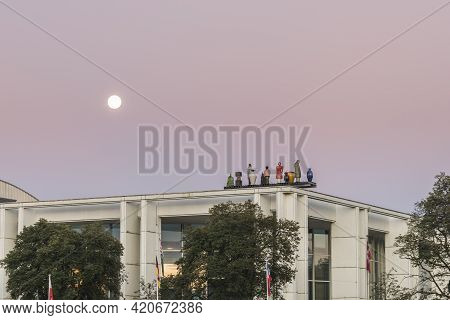 Luebeck, Schleswig-holstein, Germany , August 19, 2016,  Moon Above The Music And Congress Hall In L