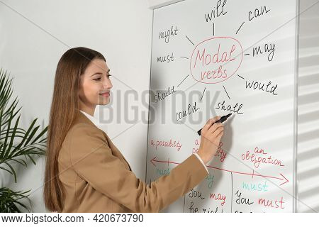 English Teacher Giving Lesson On Modal Verbs Near Whiteboard In Classroom