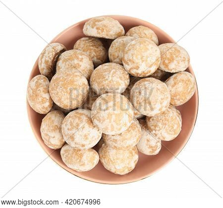 Tasty Homemade Gingerbread Cookies In Bowl On White Background, Top View