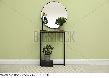 Hallway With Stylish Console Table And Mirror. Interior Design