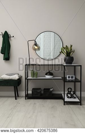 Hallway With Stylish Console Table And Mirror. Interior Design