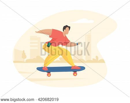 Stylish Guy Rides Skateboard. Young Man In Headphones Prepares Difficult Figure Jump. Street Active 
