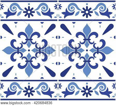 Portuguese Azulejo Tile Seamless Vector Decrative Pattern With Fleur De Lis Motif, Navy Blue Geometr