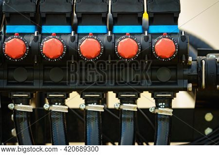 Operating Control Panel With Buttons In Truck, Agricultural Or Industrial Machine Or Other Vehicle