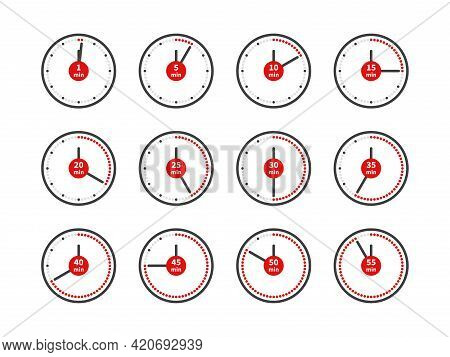 Timer Icons. Analog Clocks Dial With Red Arrows Different Positions. Countdown Minutes. Round Timepi