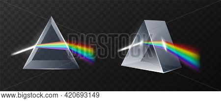 Light Prism. Realistic Glass Pyramid With Refracted Laser Ray, Rainbow Spectrum Dispersion, 3d Physi