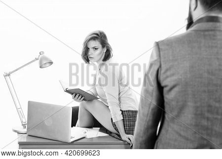 Woman Fantasizing About Coworker. Man Bearded Boss Stand In Front Of Sexy Girl Working Laptop. Offic
