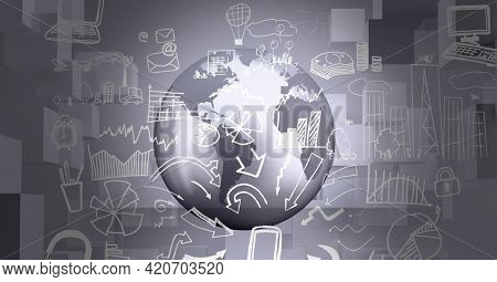 Composition of business and finance icons over globe. global finance, business, ideas and thinking concept digitally generated image.