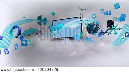 Composition of digital environment icons over laptop on white background. global networks, environment and digital interface concept digitally generated image.