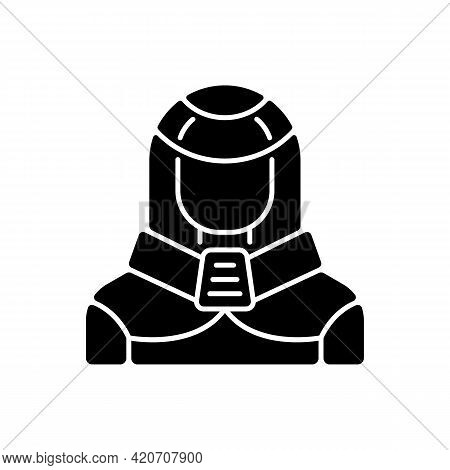Protection Suit Black Glyph Icon. Robotic Person, Cyborg. Human In Cyberpunk Costume. Futuristic Tec