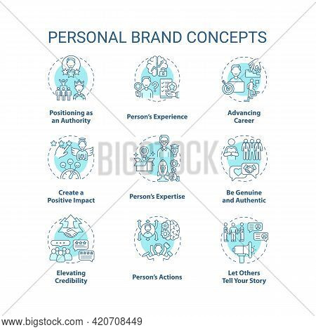 Personal Brand Blue Concept Icons Set. Advancing Career. Positive Impact. Skills Improvement. Self P