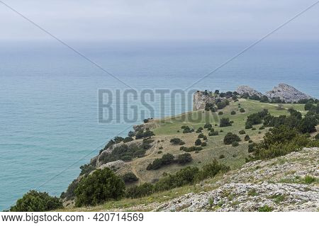 A Small Plateau At The Top Of Cape Alchak. Sudak, Crimea. Cloudy Day At The End Of April.