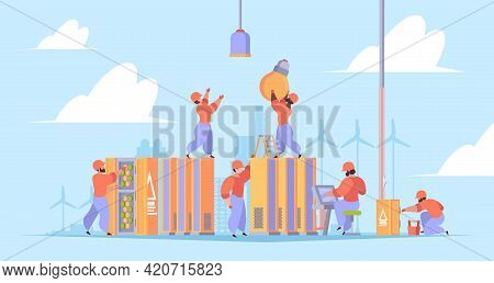 Workers Install Electric. Electrician Workers Repair Processes Engineering Perfect Hard Job Garish V