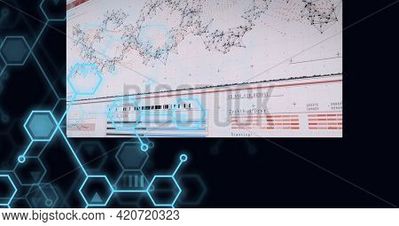 Composition of dna strand, chemical compounds and medical data processing on screen. data processing, technology, science and medicine concept digitally generated image.