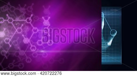 Composition of network of chemical compounds and hand on biometric screen. global science, research, connection, technology and digital interface concept digitally generated image.