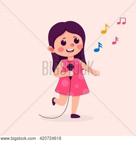 Cute Teen Girl Cartoon Character Singing Song, Flat Vector Illustration