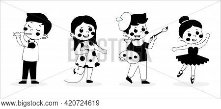 Black And White Cute Little Children Playing Different Hobby, Playing A Musical Instrument, Singer, 