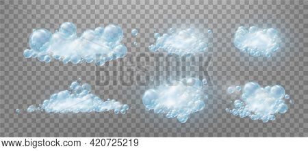 Realistic Set Blue Foam Soap With Bubbles Of Soapy Water.