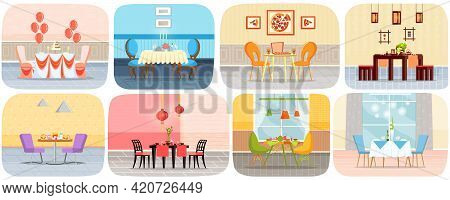 Set Of Illustrations About Restaurant Table For Two Person. Restaurant Or Cafe Interior Design. Serv