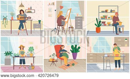 People And Their Creative Artistic Hobbies Series Of Cartoon Characters Doing Their Favorite Things.