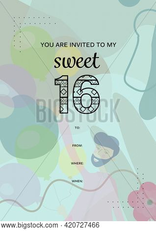Composition of you are invited to my sweet 16 with copy space and party pattern on green background. birthday party invitation and celebration concept digitally generated image.