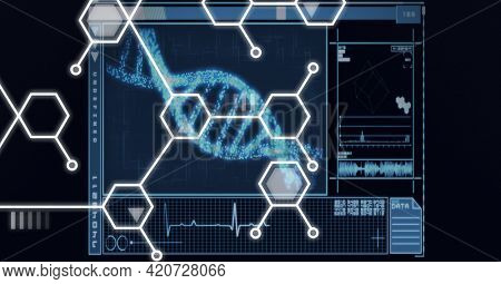 Composition of dna strand, chemical compounds and medical data processing on screen. data processing, technology, science and medicine concept digitally generated image.