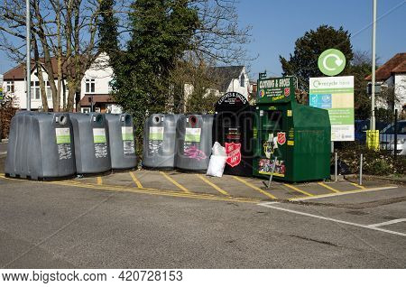 Wokingham, Uk - February 28, 2021: Large Bins For Recycling Small Items Such As Bottles, Cans And Cl