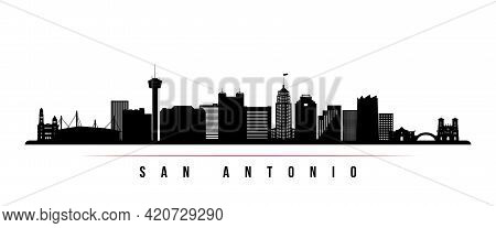 San Antonio Skyline Horizontal Banner. Black And White Silhouette Of San Antonio, Texas. Vector Temp