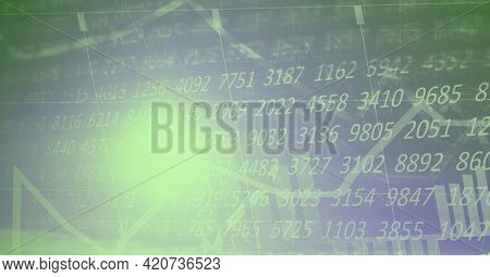 Digital interface screen with glowing green numbers, charts and information on dark background. global communication technology digital interface concept, digitally generated image.