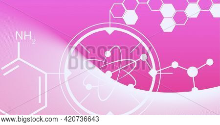 Composition of white chemical compounds structures on pink background. global research, medicine and science concept digitally generated image.