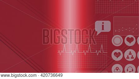 Composition of digital medical icons processing with copy space on red background. global research, medicine and science digital interface concept digitally generated image.