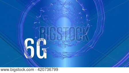 Composition of 6g text over purple light trails on glowing blue background. global networks, connections and data processing concept digitally generated image.