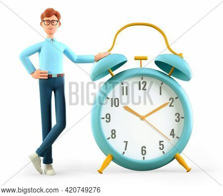 3d Illustration Of Smiling Man Standing Nearby A Huge Vintage Alarm Clock. Cute Cartoon Businessman 