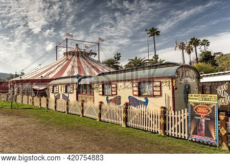 Barcelona, Spain 2021, February 28: Tent And Rulots Of The Raluy Circus