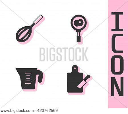 Set Cutting Board And Knife, Kitchen Whisk, Measuring Cup And Fried Eggs On Frying Pan Icon. Vector
