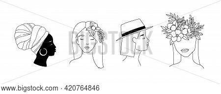 Linear Vector Collection Of Women Portraits Black Woman, Floral, Flowers, Hat, Bouquet . 4 Woman Log