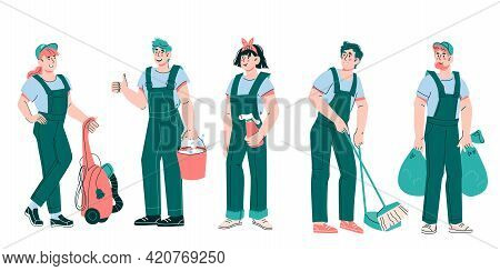 Cleaning Company Staff Cartoon Characters - Women And Men In Green Uniform Overalls With Cleaning To