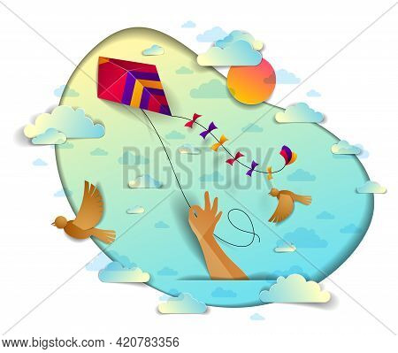 Hand Holding Kite Over Cloudy Sky Birds Flying And Sun, Freedom And Easiness Emotional Concept, Vect