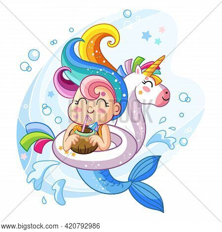 Cute Kawaii Mermaid Character In Inflatable Circle In Shape Of Unicorn. Vector Cartoon Isolated Illu
