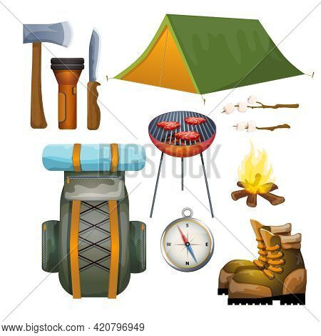 Summer Vacation Outdoor Camping Gear And Accessories Pictograms Collection With Backpack And Campfir