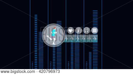 Composition of sports icons with blue data processing on black background. global sports, physical activity, medicine and data processing concept digitally generated image.