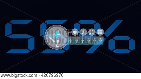 Composition of sports icons with data processing and blue 55 percent on black background. global sports, physical activity, medicine and data processing concept digitally generated image.