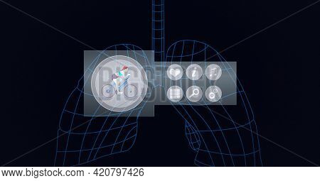 Composition of sports icons with data processing and blue lungs on black background. global sports, physical activity, medicine and data processing concept digitally generated image.