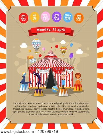 Circus Poster With Gymnast Strongest Man Seal And Lion Flat Vector Illustration