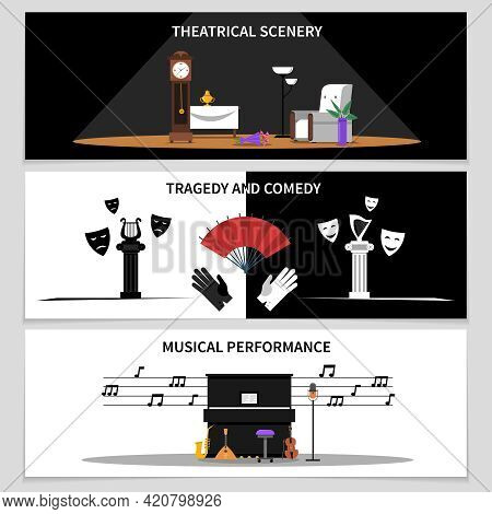 Theatre Horizontal Banners Set With Theatrical Scenery And Musical Performance Symbols Flat Isolated