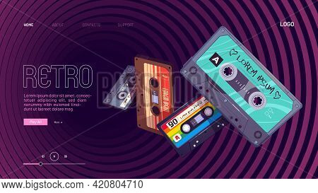Retro Mixtapes Cartoon Landing Page With Audio Mix Tapes Falling Into Hypnotic Pattern. Cassettes, M