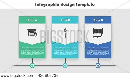 Set Fire In Burning Garage, Burning Match With Fire And Hose Reel. Business Infographic Template. Ve