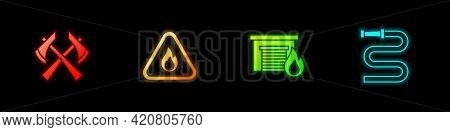 Set Firefighter Axe, Flame In Triangle, Burning Garage And Hose Reel Icon. Vector