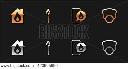 Set Fire In Burning House, Burning Match With Fire, Phone Emergency Call 911 And Gas Mask Icon. Vect