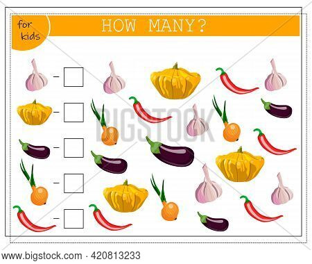 Math Game For Kids, Count How Many Items, Vegetables. Garlic, Pattison, Chili Pepper, Eggplant, Onio